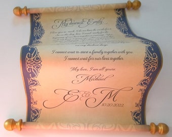 Personalized scroll in gold and blue, 8x18" parchment paper, blank for handwriting or custom printed with your own words