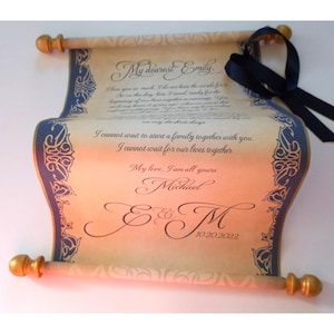 Custom Antique Style Scroll with Brooch, Gold & Blue, Personalized