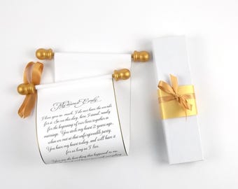 Personalized scroll with gift box, metallic gold accents, 5x12" white paper, handmade