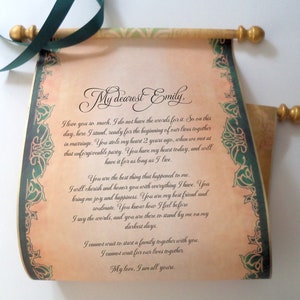 Green and gold paper scroll, 8x18 inch aged parchment paper, personalized with your own words only