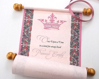 Royal princess scroll birthday invitation in gold and pink, pink parchment paper scroll, set of 10