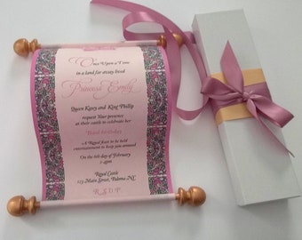 Princess invitation scroll with royal crown and box in pink and gold, fairytale princess party, royal baby announcement , set of 10