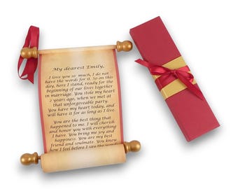 Custom Message Scroll, Red w Gold Accents, 5x12 in paper, gift box, for her, handmade scroll