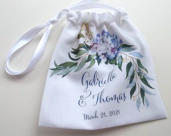 Wedding ring pouch, personalized ring bag, monogrammed, watercolor flowers, eucalyptus greens