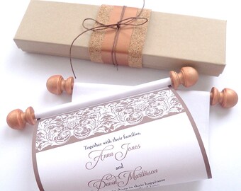 Wine tasting invitation scrolls with boxes, copper and brown,  set of 10 with boxes