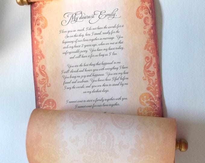 Customizable scroll with antique damask design, 11x32" aged parchment paper