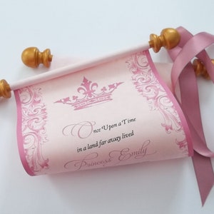 Royal Princess Birthday Invitation Scroll, Royal Crown and Gold and Pink  Accents, Pink Parchment Paper, Set of 10 