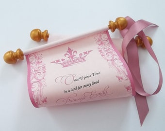 Royal princess birthday invitation scroll, royal crown and gold and pink accents, pink parchment paper, set of 10