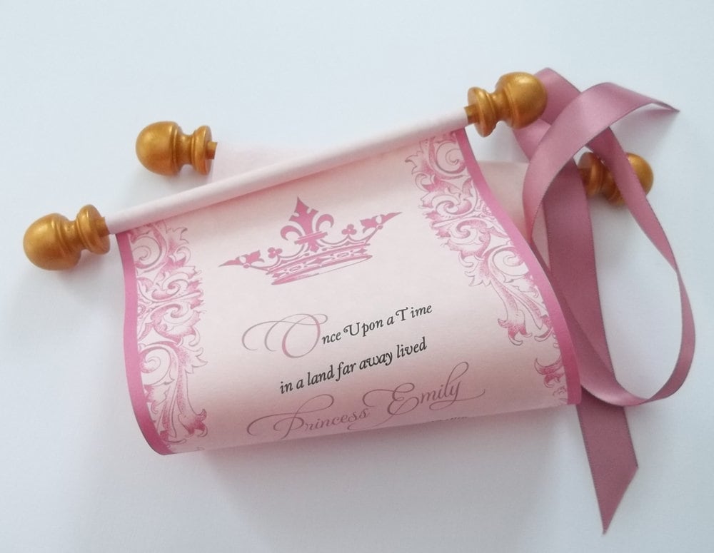 Royal Princess Scroll Birthday Invitation in Gold and Pink, Pink