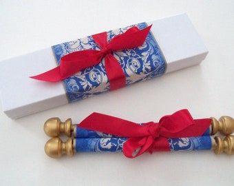 Beauty and the Beast wedding invitation set, fairy tale scroll invitations in gold with red and royal blue, red rose invites with box, 25