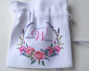 Wedding ring holder, personalized wedding ring bearer bag, floral ring pouch, bride and groom monogram, pink roses watercolor wreath,