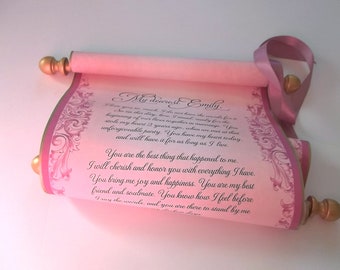 Wedding vows scroll in gold & rose, blank for calligraphy or custom printed, paper wedding anniversary, 8x18 inches paper
