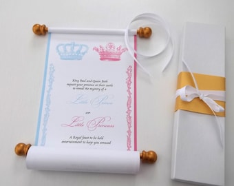 Royal twin invitation scrolls with crown blue and pink, prince and princess scroll, baby shower, royal gender reveal, set of 10 with boxes