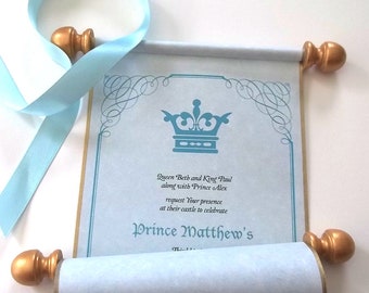 Royal prince invitation scrolls, knight birthday invitation, royal baby announcement scroll, blue parchment paper, gold and blue, set of 10