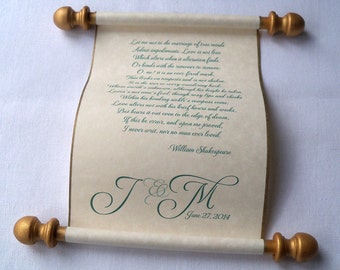 Personalized scroll for wedding vows on parchment paper, with box