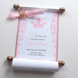 Fairytale birthday invitation scroll with crown, pink and aged gold, optional brooch, set of 10