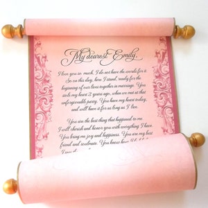 Vintage style letter scroll in gold & pink, 8x18&quot; parchment paper, blank for hand writing or custom printed with your own words