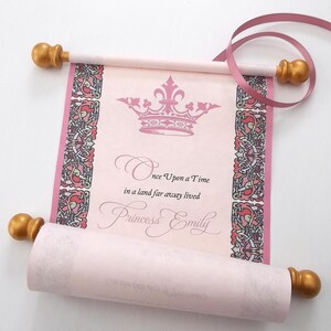 Fairytale princess birthday invitation scrolls with crown and Celtic knots design, pink paper with gold accents, set of 10