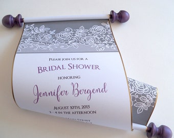 Elegant bridal shower invitation scrolls, printed lace in eggplant and gray, 10