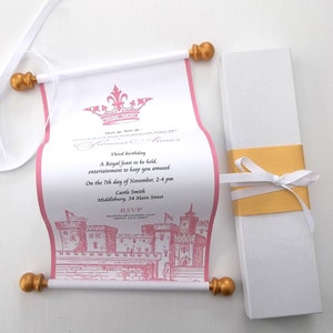 Set of 10 princess birthday invitation scrolls with crown and castle, in pink and gold, optional gift box