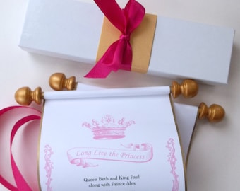 Princess birthday invitation scroll with royal crown, Long Live the Princess banner, in fuchsia and gold, with presentation box, set of 10