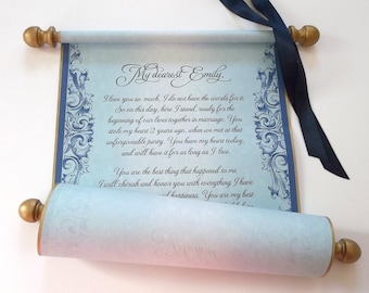 Large decorative scroll in aged gold and blue, 8x18" blue parchment, blank or personalized with your own words