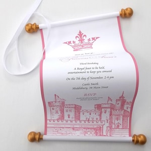 Fairytale birthday invitation scroll with royal castle and crown in pink with gold accents, set of 10