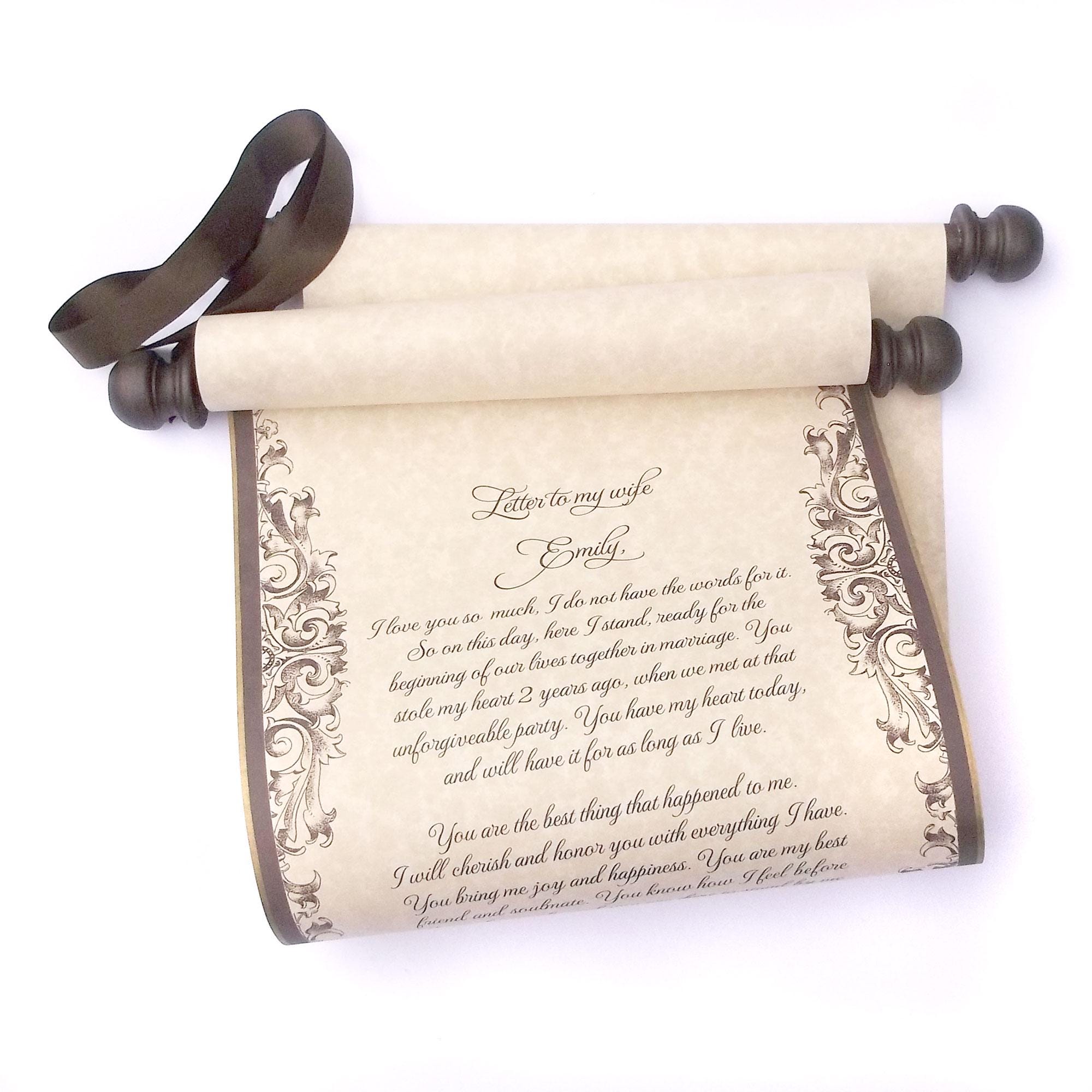 Elegant scroll in gold & brown, blank or custom printed scroll, personalized gift, marriage anniversary, 8x18" parchment paper
