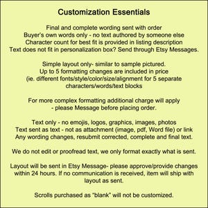 May include: A pale yellow informational sign titled Customization Essentials with black text outlining requirements for order wording, character counts, formatting changes, text-only policies, proofreading disclaimers, and approval timelines.