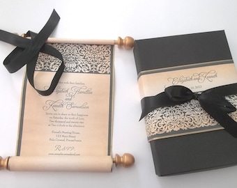 Traditional wedding invitations, classic black and gold invitations, black tie wedding, elegant scroll invitation suite, set of 10