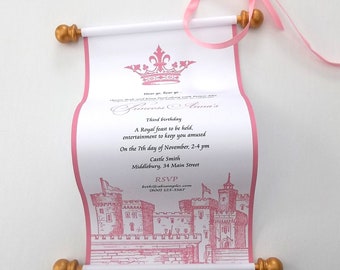 Princess castle birthday invitation scroll in pink and gold, set of 10