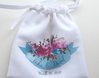 Wedding ring pouch, watercolor flowers and banner, robin's egg blue and pink, custom printed ring bag, handmade bag