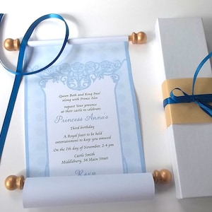 Fairy tale princess invitation scrolls in blue and gold, set of 10 scrolls with boxes