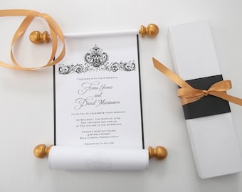 Traditional black and white wedding invitation scrolls with gold accents, classic black tie wedding, set of 10 scrolls with boxes