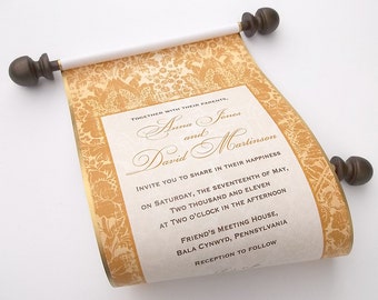 Gold wedding invitations, elegant scroll invitations, handmade invites, paper scroll with ribbon, gold anniversary, medieval wedding, 10