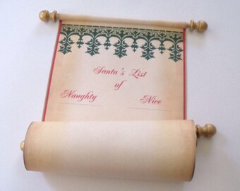 Santa's List Naughty and Nice on a scroll, blank scroll for hand written list, Nordic design Xmas scroll with red tube & snowflake wax seal