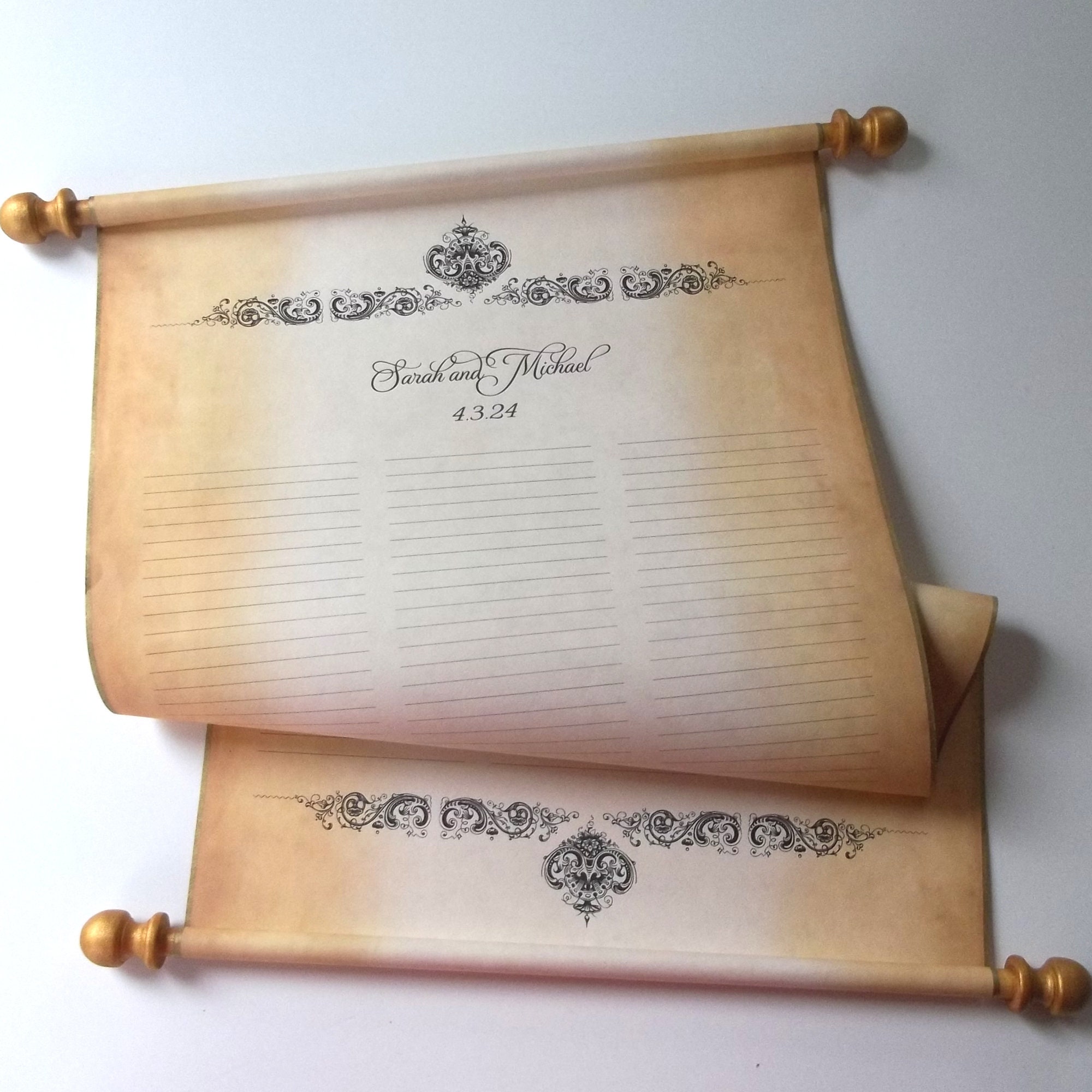 Rustic vintage wedding ceremony guest list scroll with damask design, up to 150 guests, gold accents, 11x19" paper