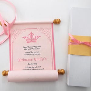 Princess invitation scrolls, optional box, set of 10