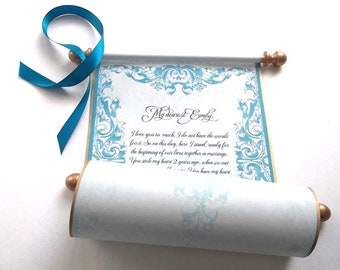 Large decorative scroll in aged gold and turquoise, 8x18" light blue parchment, blank or personalized with your own words