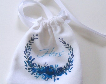 His and hers wedding ring pouch with blue flowers, monogram, gift for bride and groom, handmade ring bag, lined cotton fabric