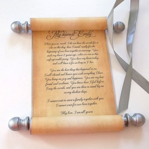 Wedding vows scroll on aged parchment paper for wedding ceremony or anniversary keepsake, silver and black, 5x12 inches paper image 1