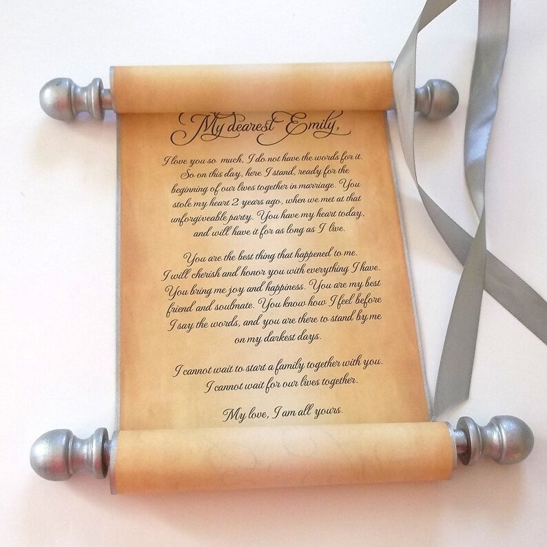 Wedding vows scroll on aged parchment paper for wedding ceremony or anniversary keepsake, silver and black, 5x12 inches paper image 1