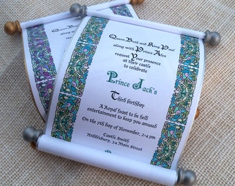 Royal birthday invitation scrolls, green or purple, fairy tale invitations, set of 10