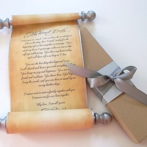 Wedding vows scroll on aged parchment paper for wedding ceremony or anniversary keepsake, silver and black, 5x12 inches paper image 4