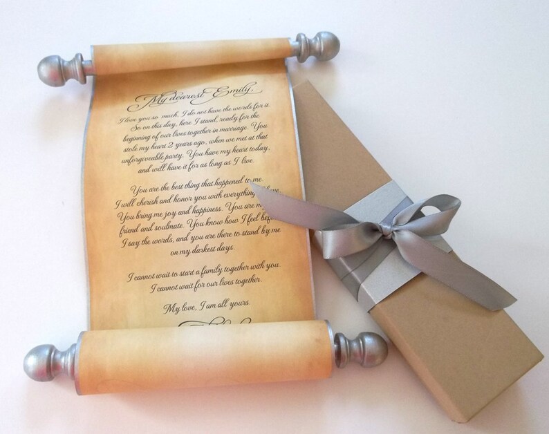 Wedding vows scroll on aged parchment paper for wedding ceremony or anniversary keepsake, silver and black, 5x12 inches paper image 4