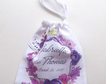 Wedding ring pouch, personalized ring bag, watercolor flowers, purple wreath