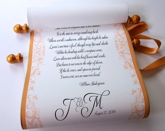 Wedding vows scroll with brooch, white and gold, personal message, 8x18 inches linen paper, blank or personalized with your own words only