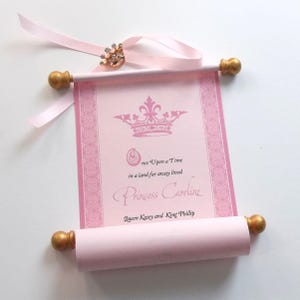 Princess birthday invitations on pink paper, quinceanera party, royal crown and gold accents, optional brooch + gift box, set of 10 invites