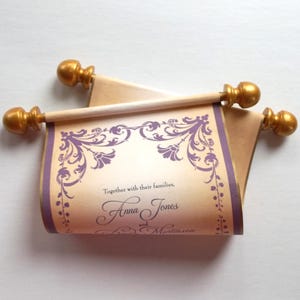 Floral wedding invite scroll with optional box + brooch, in plum and gold, set of 10