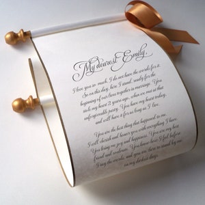 Personalized scroll for wedding vows on cream parchment paper, 5x13 inches paper size, with golden accents